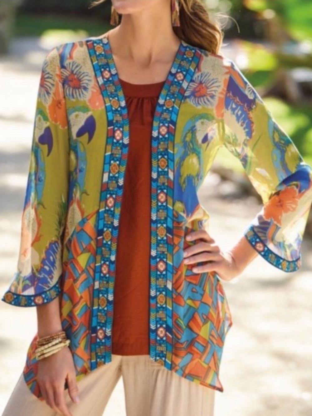 Soft Surroundings Multi-Color Sheer Open-Front Cardigan with Parrot